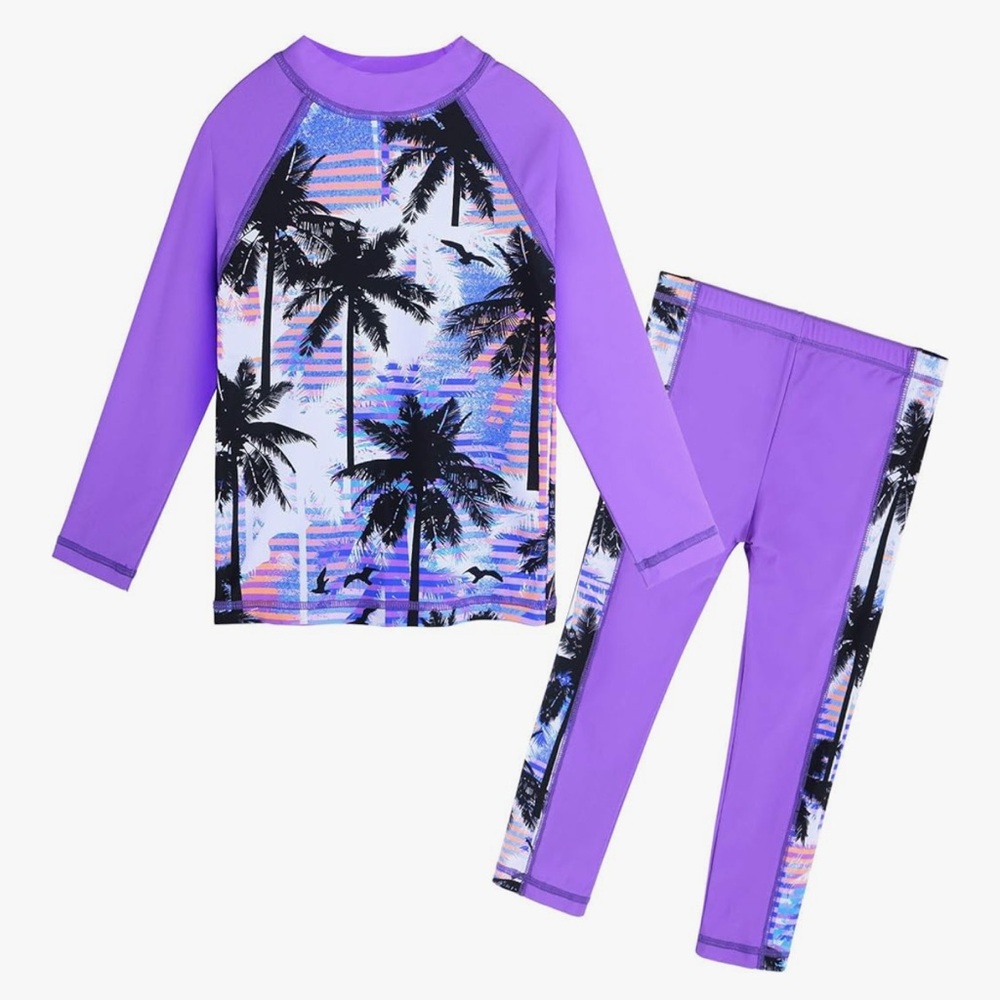 Kids Tropical Palm Rashguard Set - Purple